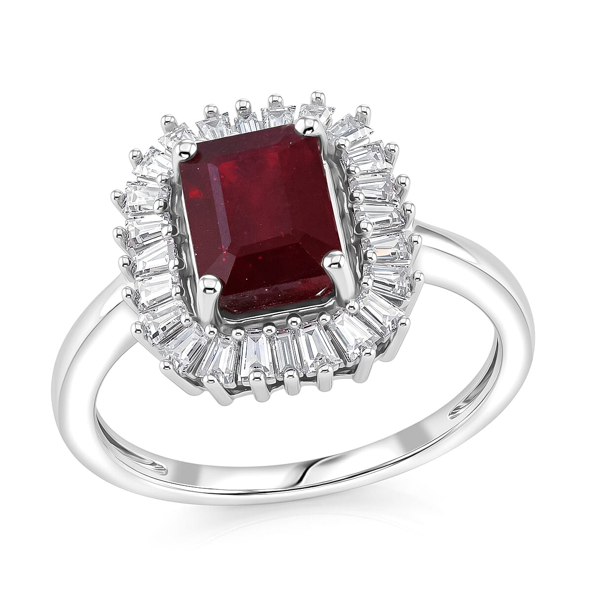 D'Joy Niassa Ruby (FF), Moissanite Imperial Frame Ring in Rhodium Over Sterling Silver (Size 10) 3.10 ctw 8631636