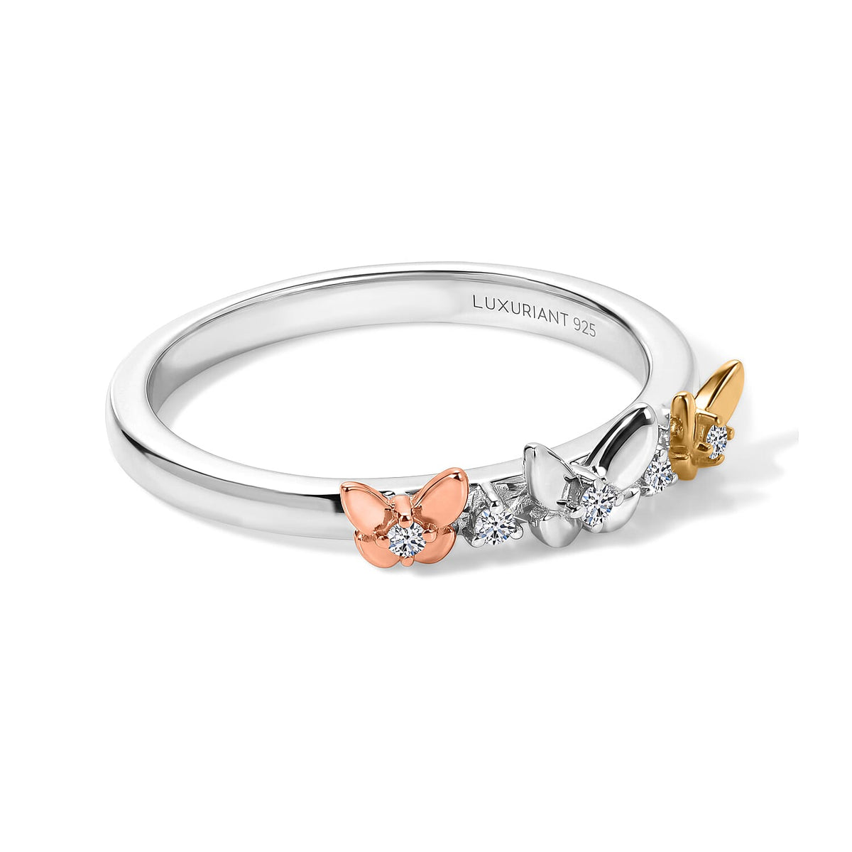 Luxuriant Lab Grown Diamond (G-H, SI) Butterfly Ring in 18K Vermeil Yellow Rose Gold and Rhodium Over Sterling Silver (Size 5.0) 0.05 ctw