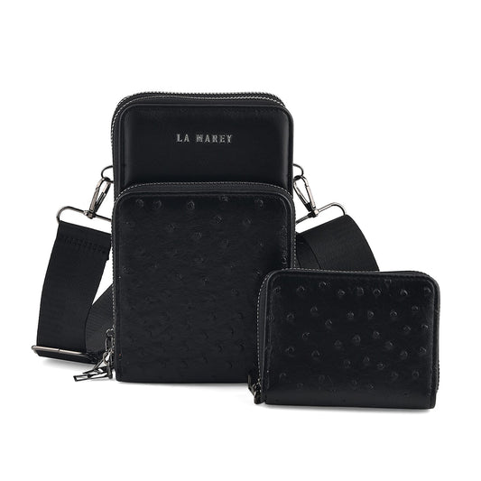 La Marey Black Faux Leather Crossbody Bag with RFID Card Wallet