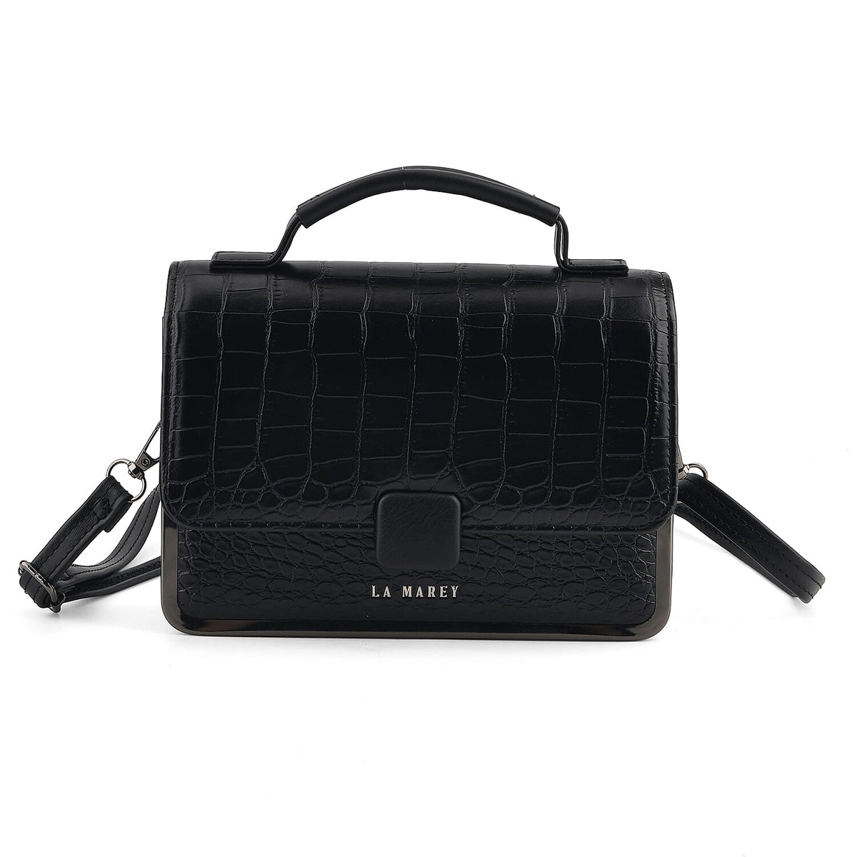La Marey Black Crocodile Pattern Faux Leather Phone Bag with Shoulder Strap