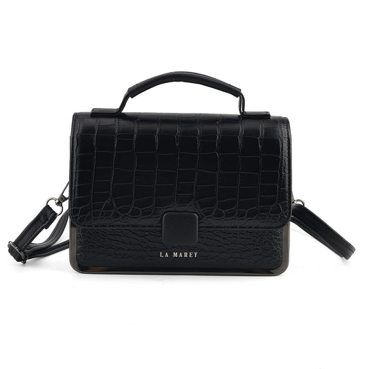 La Marey Black Crocodile Pattern Faux Leather Phone Bag with Shoulder Strap