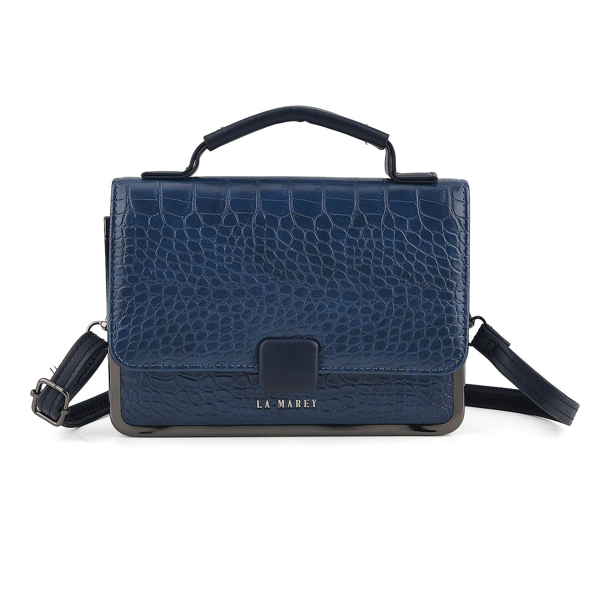 La Marey Black Crocodile Pattern Faux Leather Phone Bag with Shoulder Strap