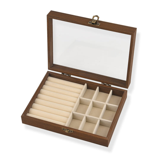 Livmore Cream Wood Box with Glass Window Jewelry Box (Ring, 9 Section)