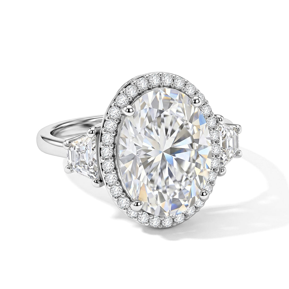 D'Joy Moissanite (Ovl 16x12mm) Halo Ring in Rhodium Over Sterling Silver (Size 10.0) 10.70 ctw