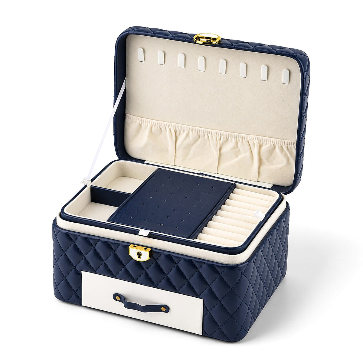 Blue Faux Leather and Velvet 3 Layer Jewelry Box with Key