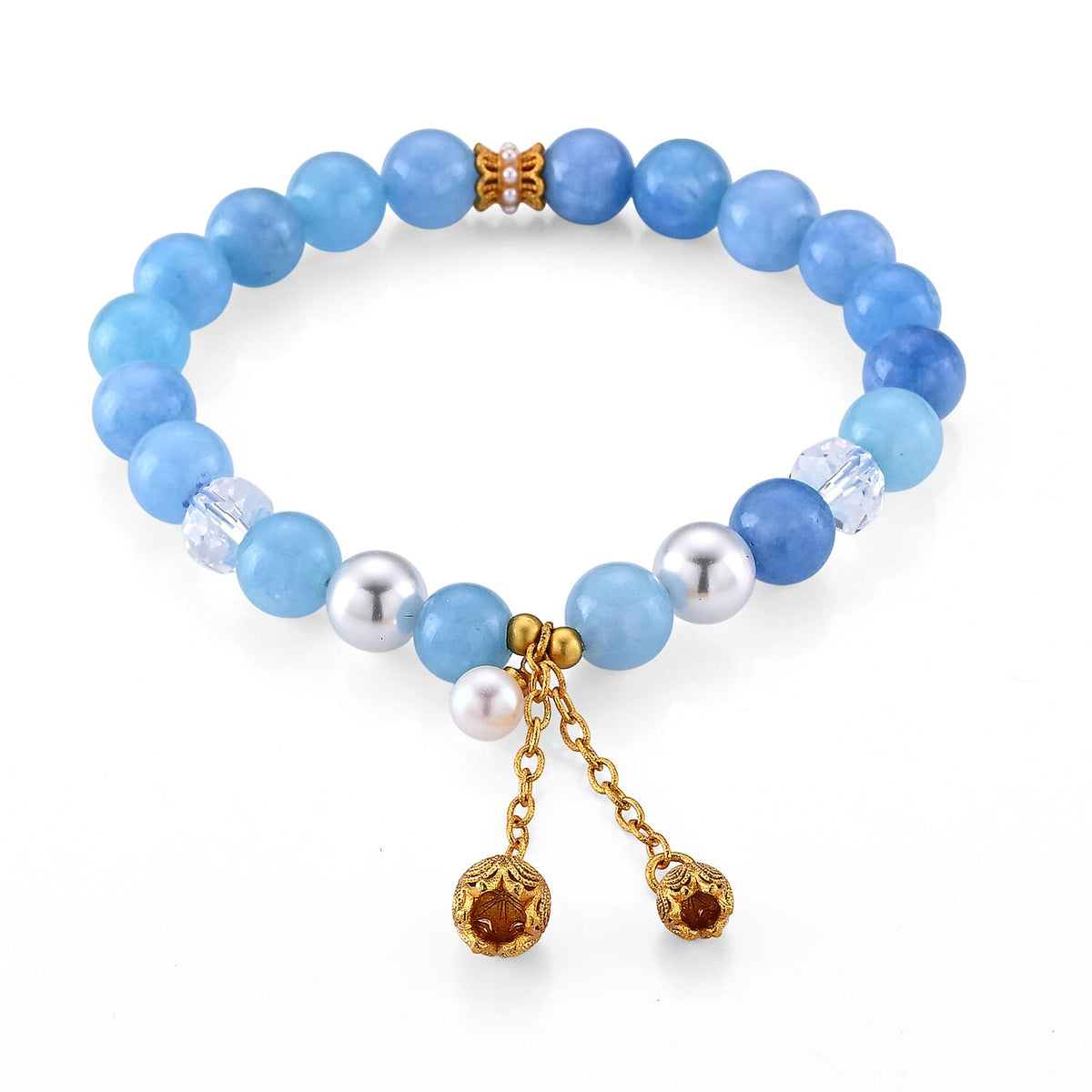 Blue Jade Beaded and Simulated Pearl Stretch Bracelet in Goldtone (6-6.5In) 75.00 ctw