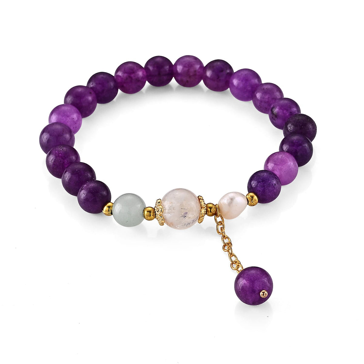 Amethyst and Green Aventurine Beaded Stretch Bracelet in Goldtone (6-6.5In) 75.00 ctw