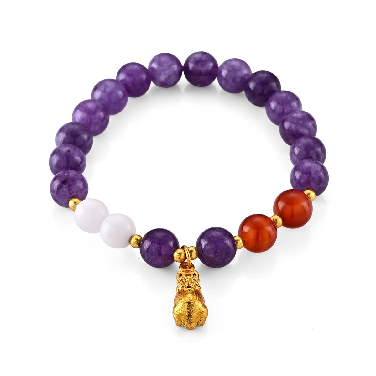 Amethyst and Red Agate Beaded Stretch Bracelet in Goldtone (6-6.5In) 68.00 ctw