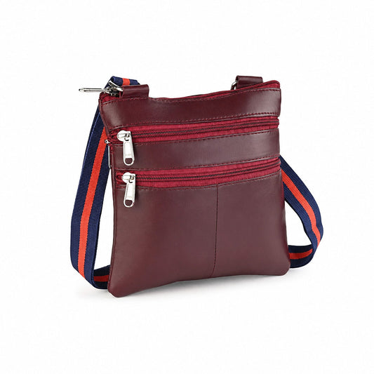 La Marey Burgundy Genuine Leather Crossbody Bag with Triple Zipper Front Pocket