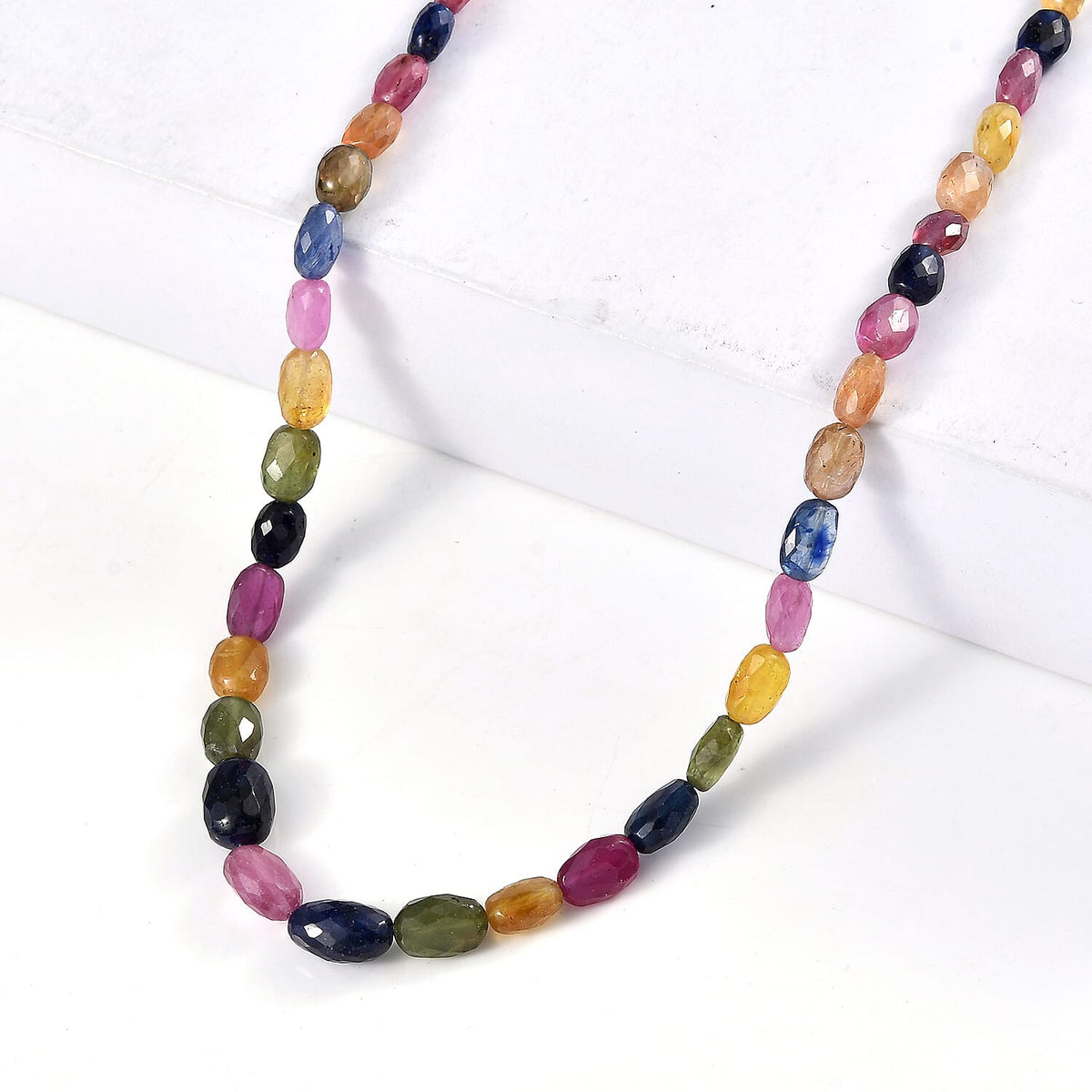 D'Joy Natural Multi Sapphire Beaded Necklace in Rhodium Over Sterling Silver