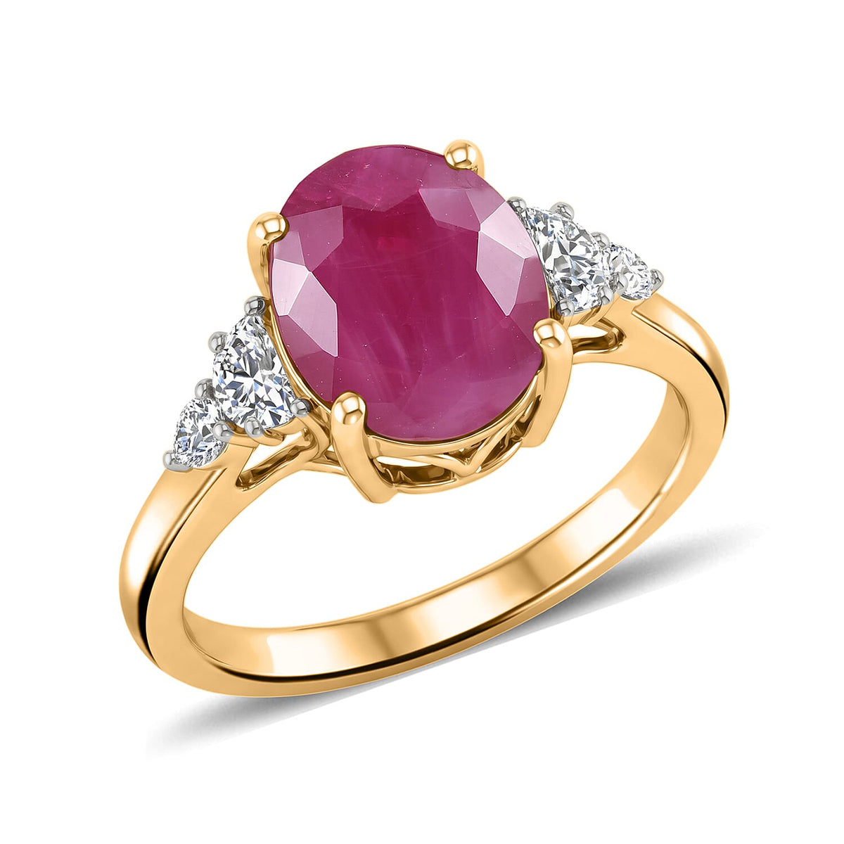Certified & Appraised 10K Yellow Gold AAA Ruby, Luxuriant Lab Grown Diamond (G-H, SI) Ring (Size 10.0) 5.60 ctw