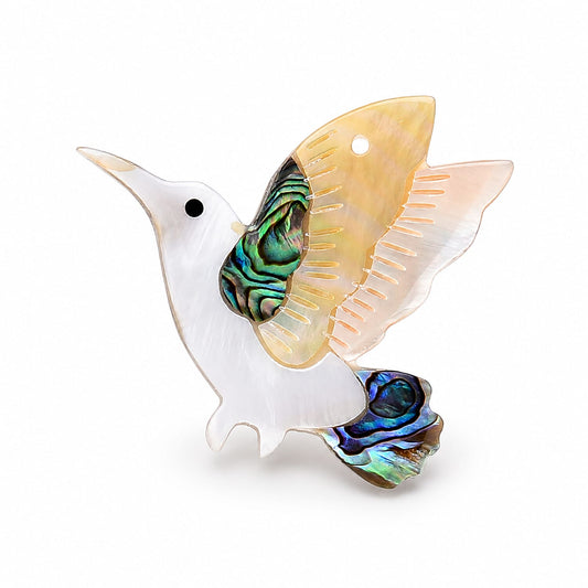 Mother of Pearl, Abalone Shell Hummingbird Brooch in Silvertone