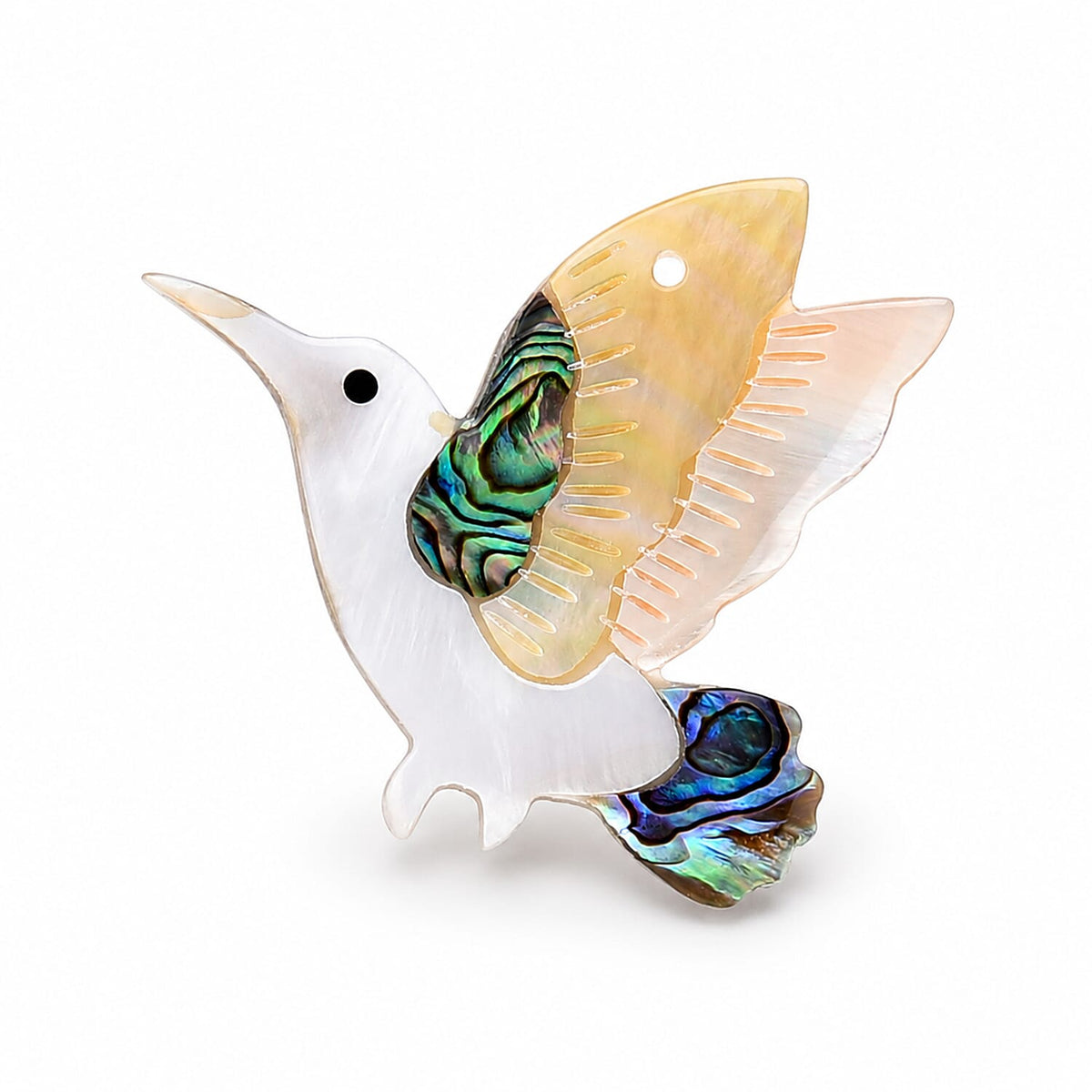 Mother of Pearl, Abalone Shell Hummingbird Brooch in Silvertone
