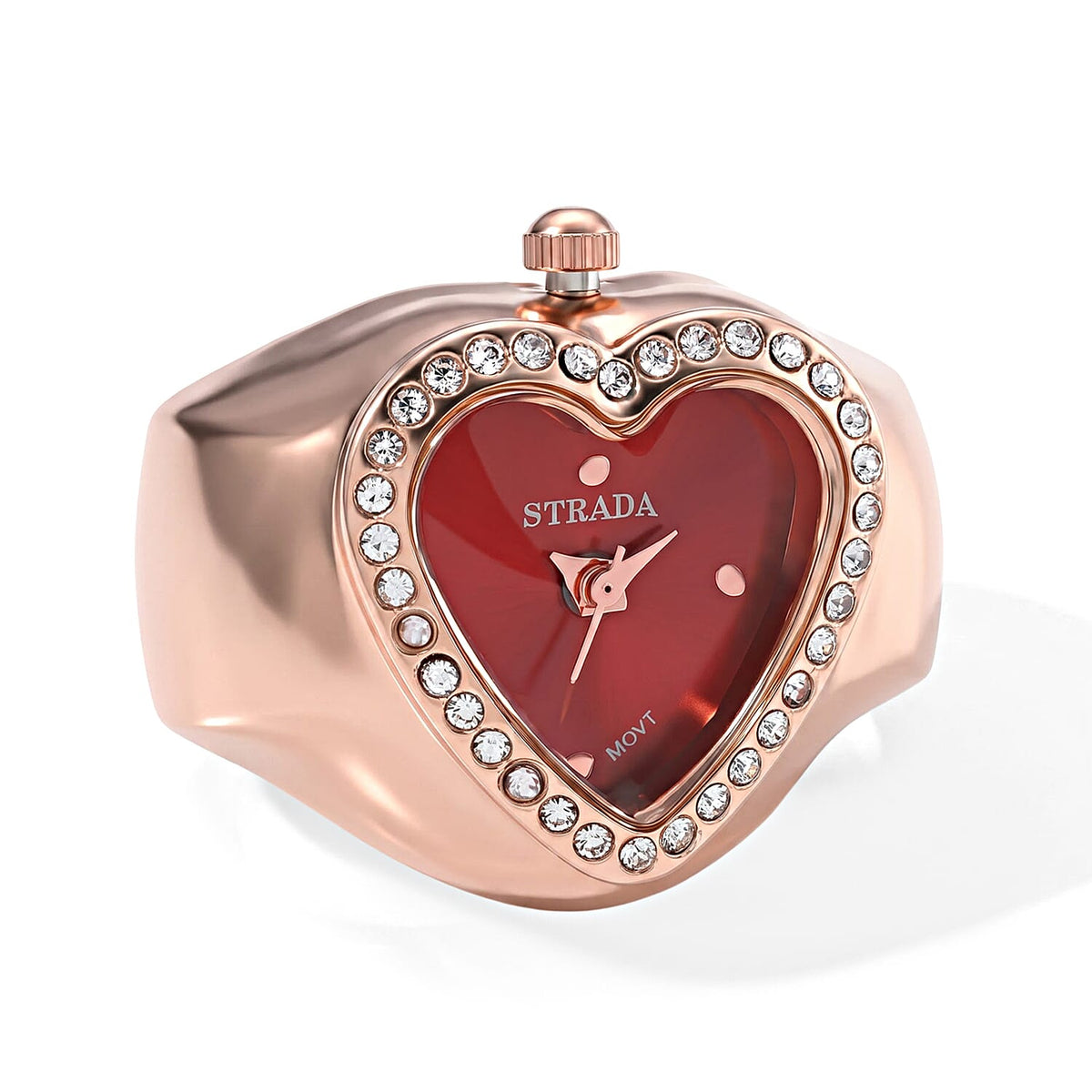 Strada Austrian Crystal Red Dial Heart Ring Watch in ION Plated RG Stainless Steel (Size 5-7)