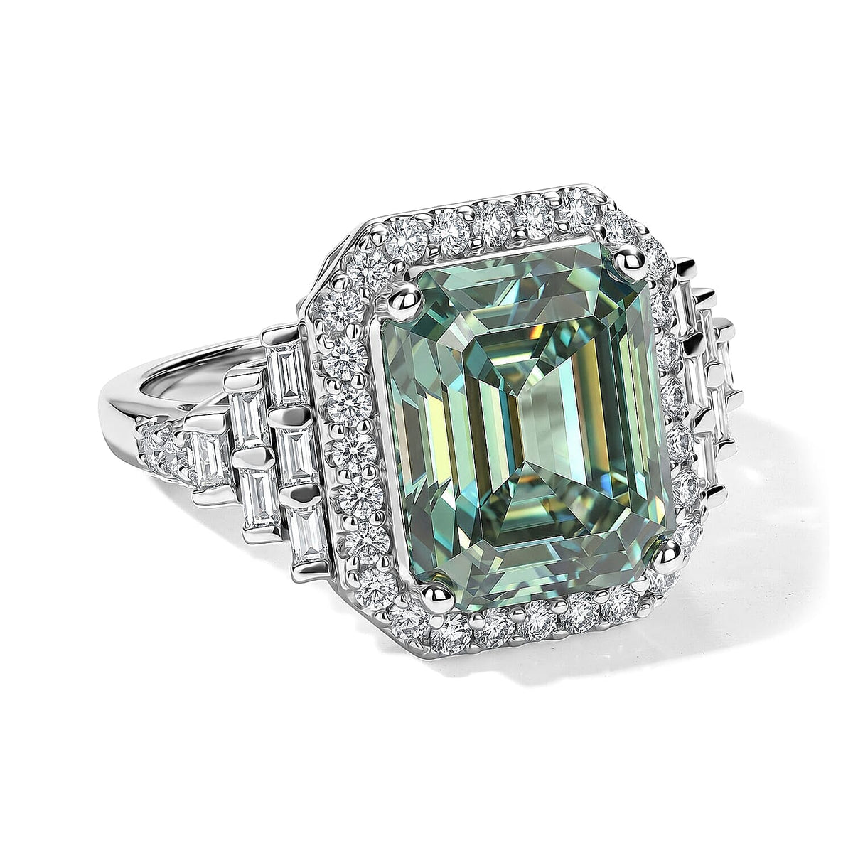 D'Joy Green Moissanite , Moissanite Main Stone With Side Stone Ring in Rhodium OverSterling Silver 5.32 ctw