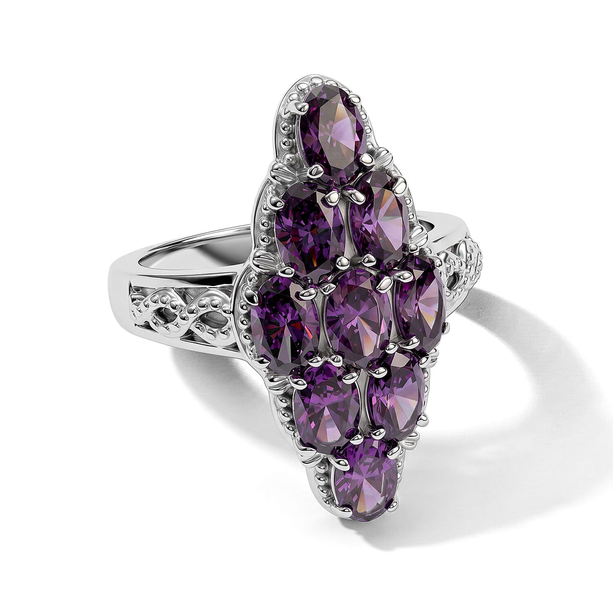 EverTrue Simulated Amethyst Color Diamond Elongated Ring in Stainless Steel (Size 10.0) 6.85 ctw