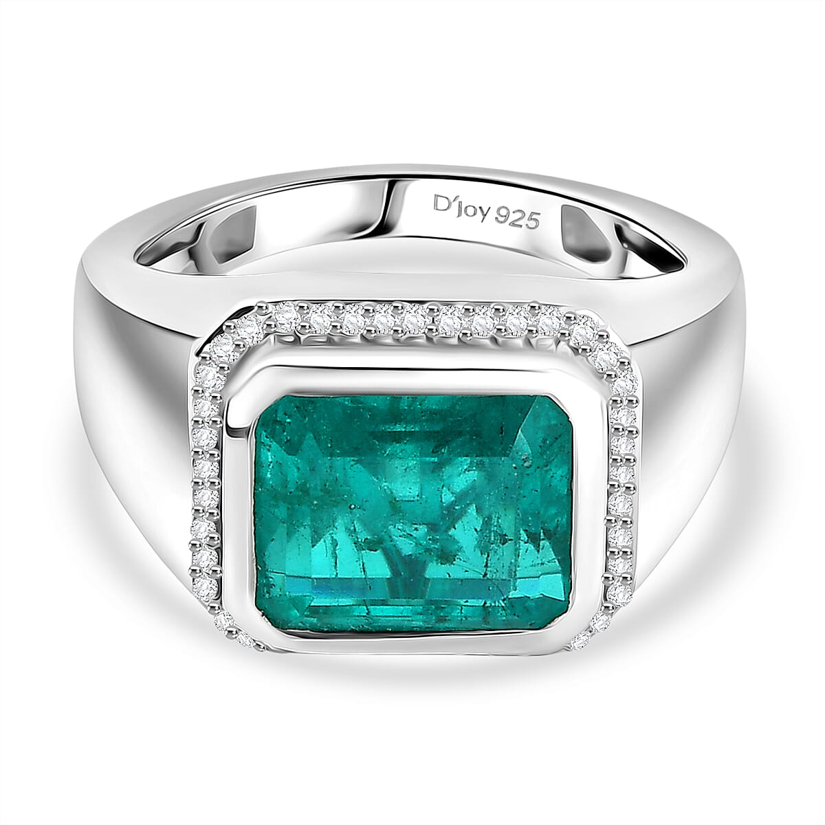 D''Joy Emeraldine Triplet Quartz, White Zircon Men''s Ring in Rhodium Over Sterling Silver (Size 11.0) 5.50 ctw