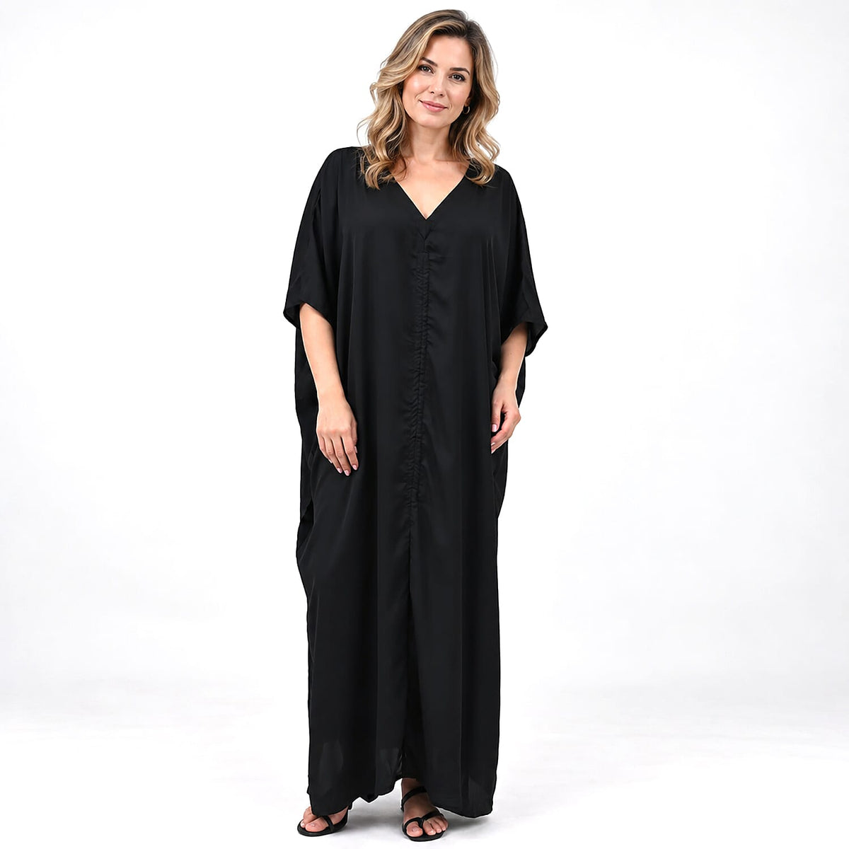 La Marey Black Poly Hammered Satin Kaftan Satin - One Size Fits Most