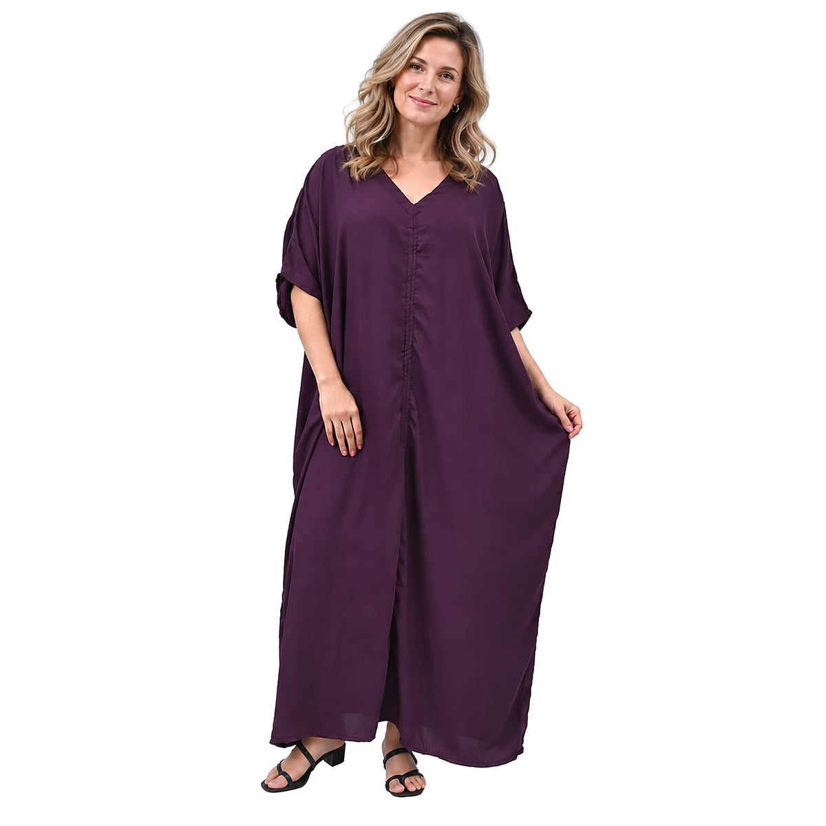 La Marey Black Poly Hammered Satin Kaftan Satin - One Size Fits Most