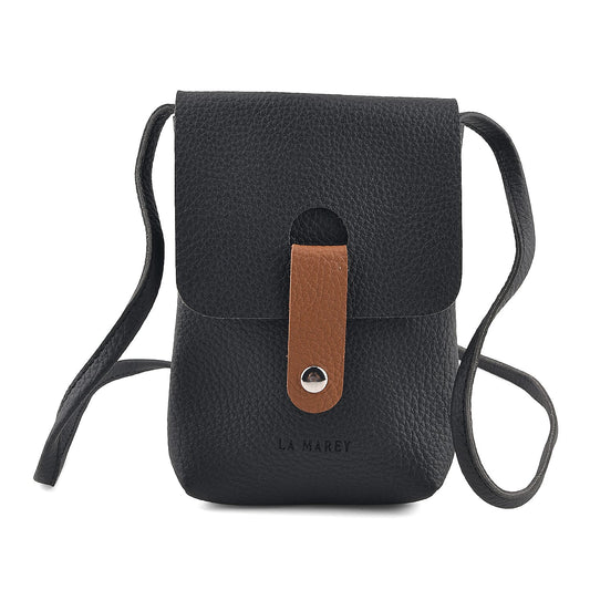 La Marey Black Genuine Leather Embossed Brand Crossbody Wallet