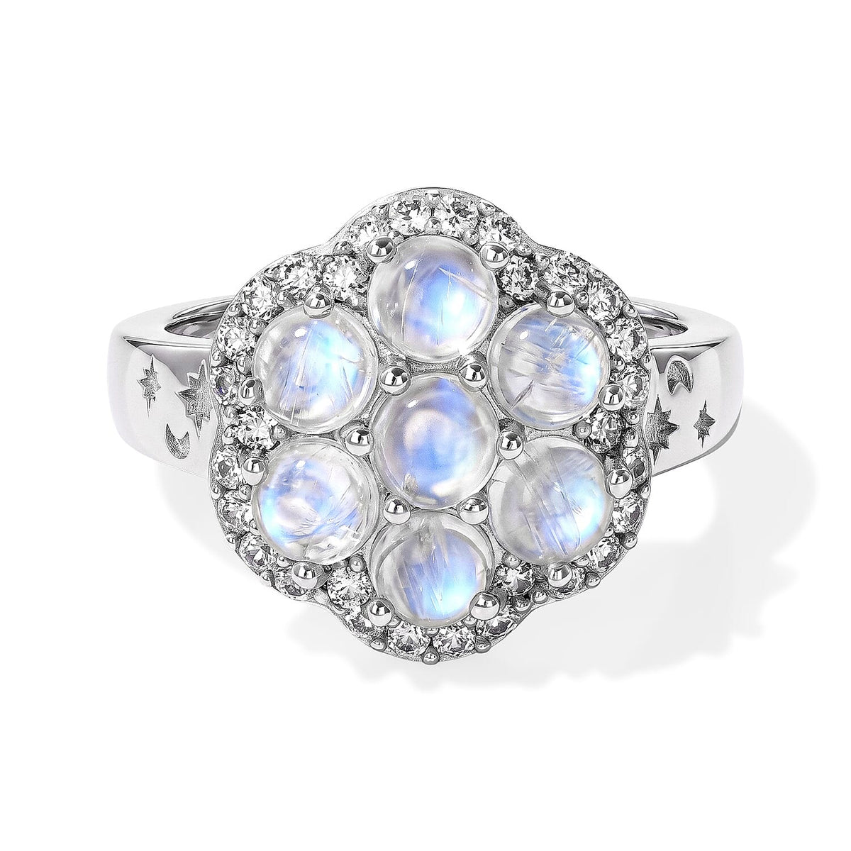 EverTrue Rainbow Moonstone and White Zircon 2.85 ctw Floral Ring in Platinum Bond (Size 10.0)