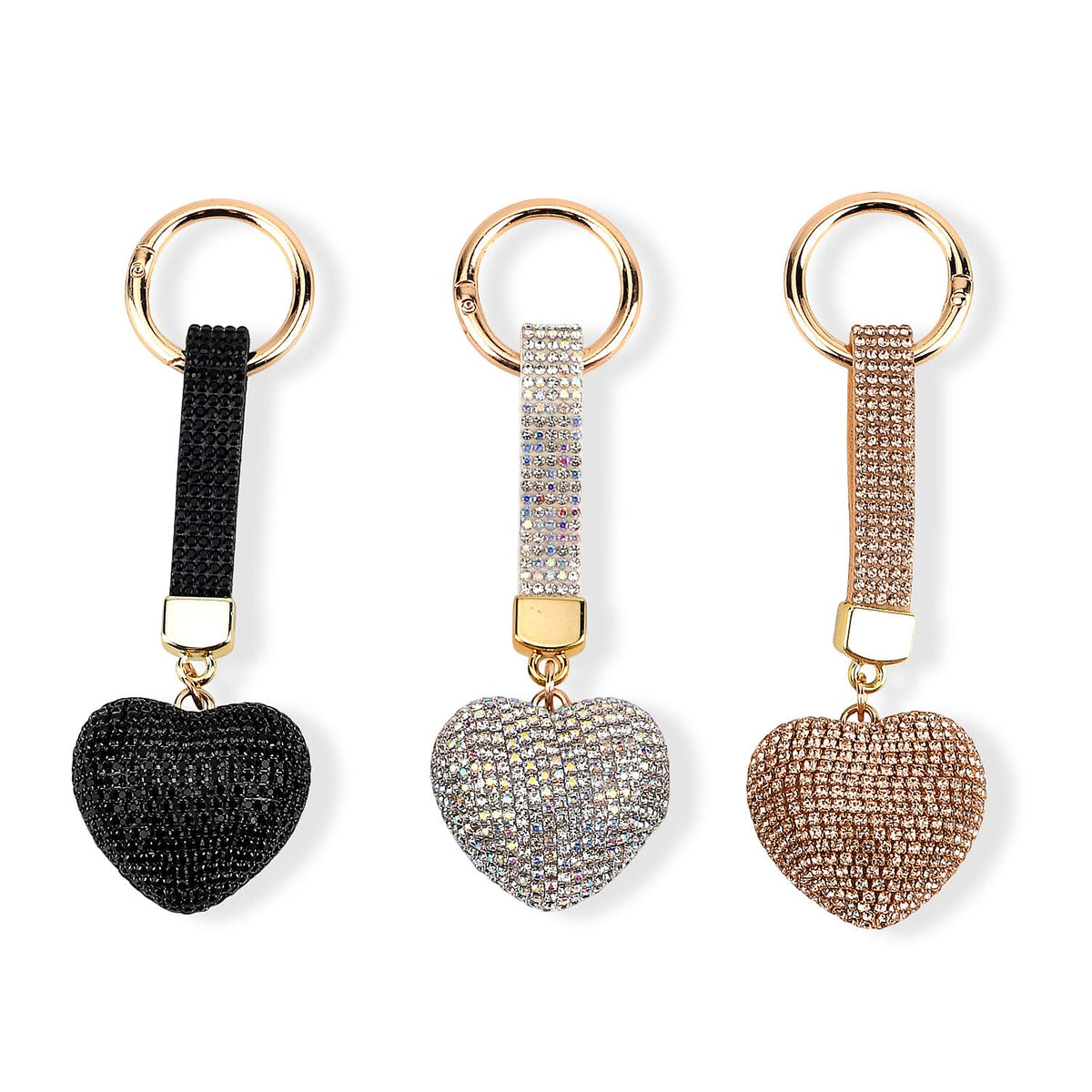 Green, Purple and Red Crystal 3pcs Set Heart Keychain in Goldtone