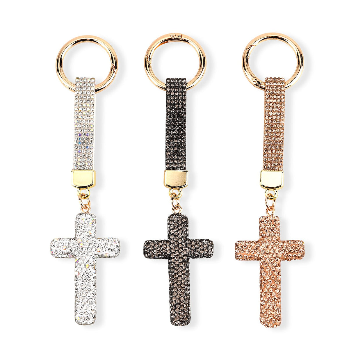 Black, Blue and Champagne Crystal 3pcs Set Cross Keychain in Goldtone