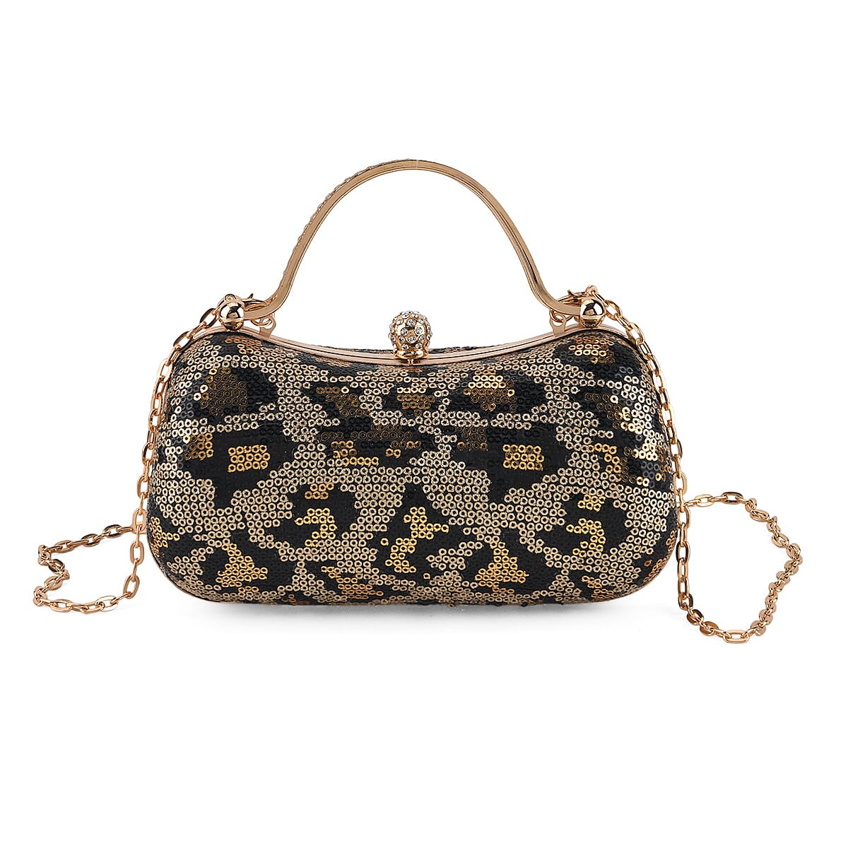 La Marey Beige Leopard Pattern Sequin Embroidered Wallet with Shoulder Strap