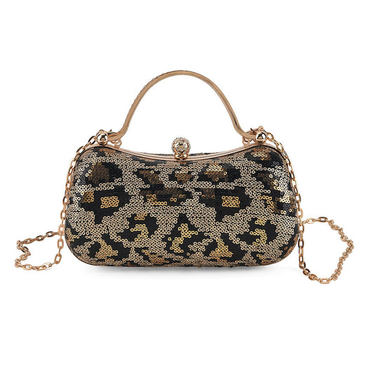 La Marey Beige Leopard Pattern Sequin Embroidered Wallet with Shoulder Strap