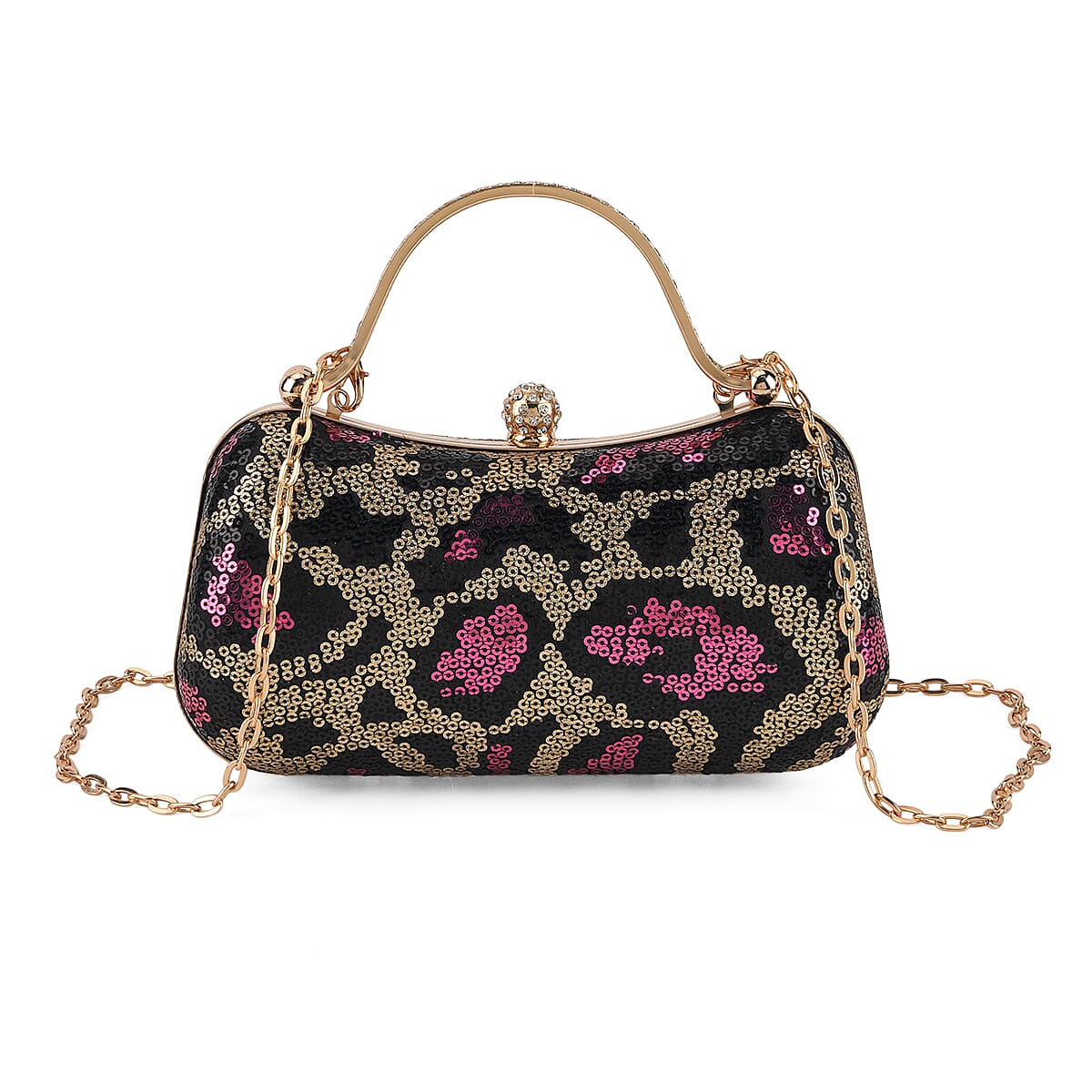 La Marey Beige Leopard Pattern Sequin Embroidered Wallet with Shoulder Strap