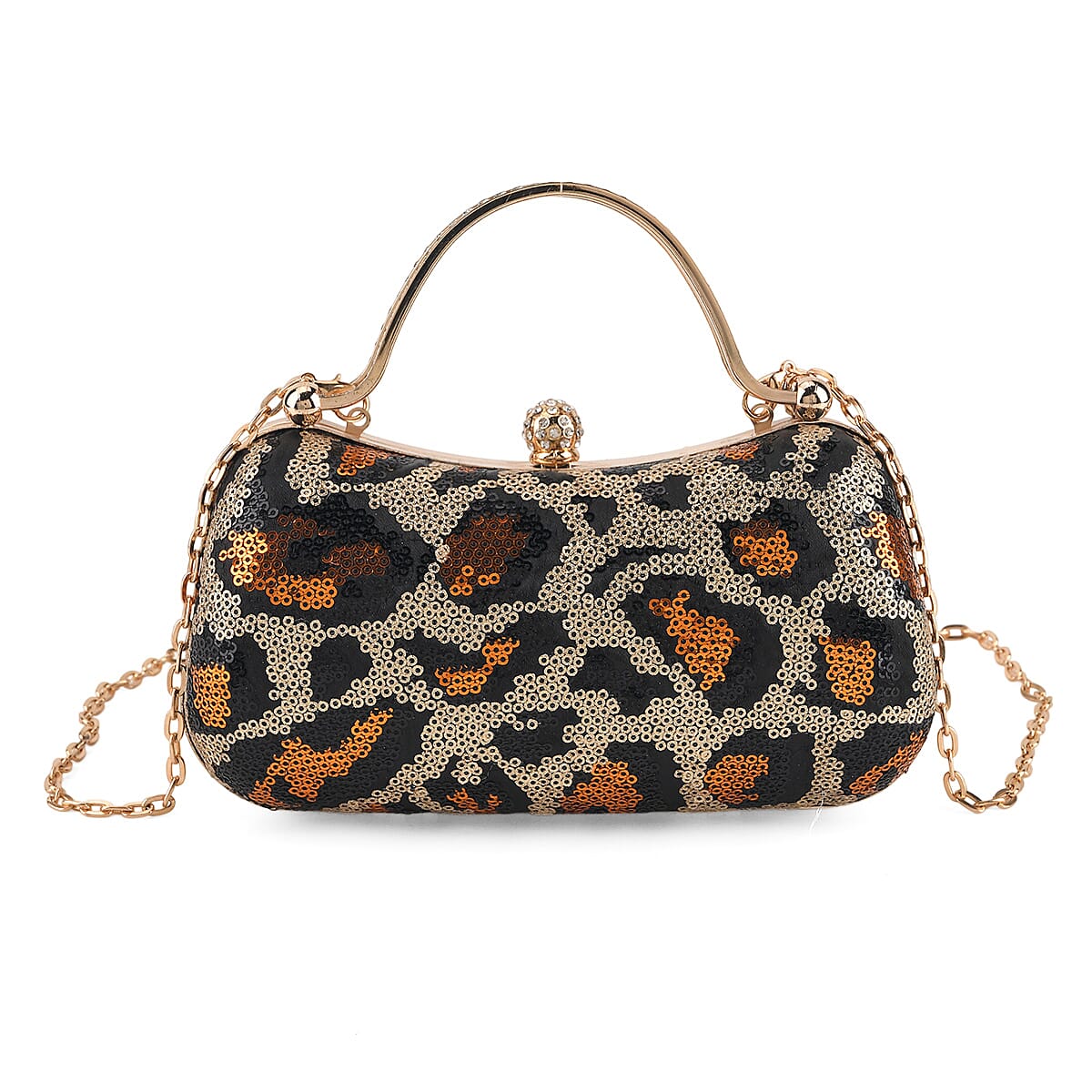 La Marey Beige Leopard Pattern Sequin Embroidered Wallet with Shoulder Strap