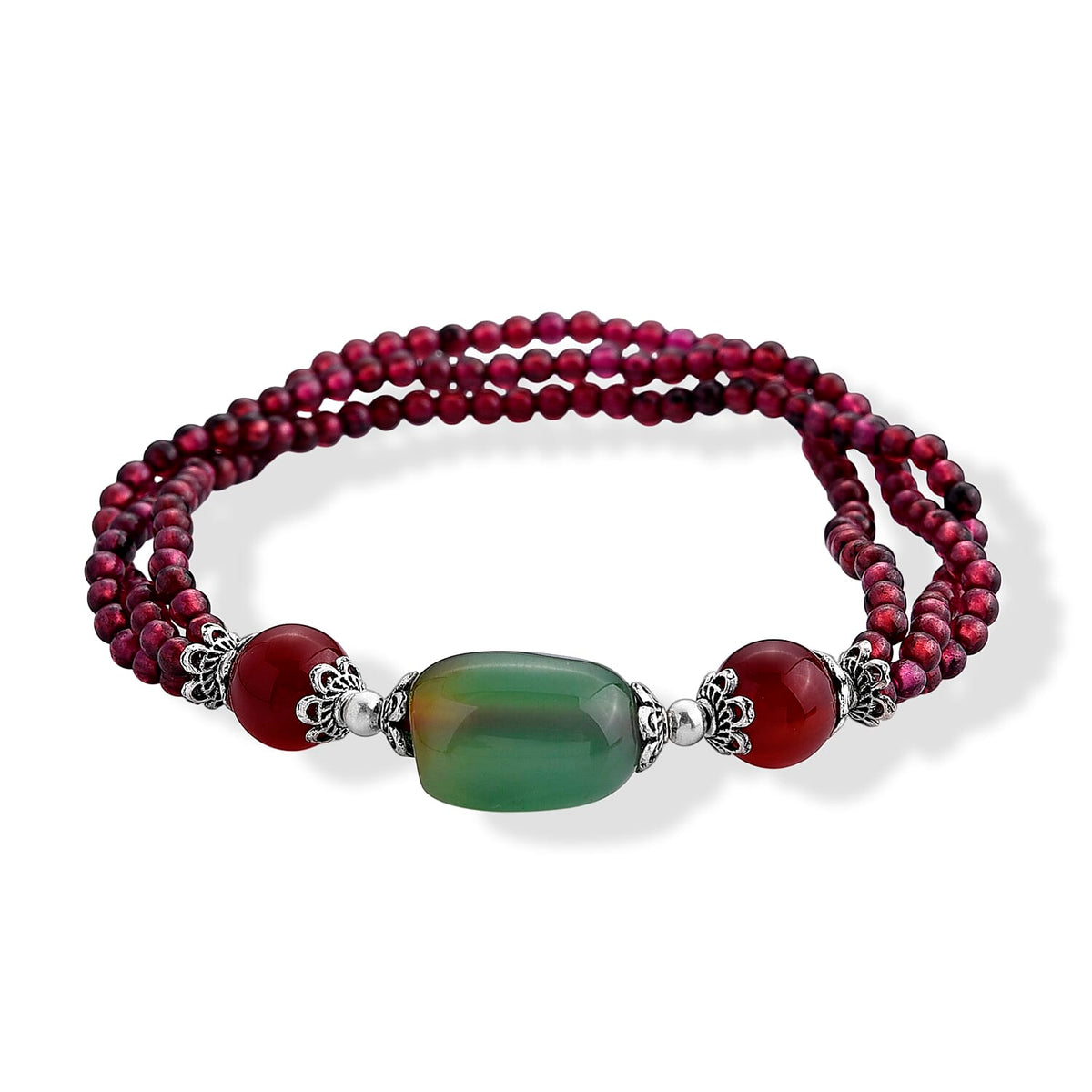 Agate and Red Garnet Cotton Cord Bracelet in Silvertone (Adjustable) 40.00 ctw