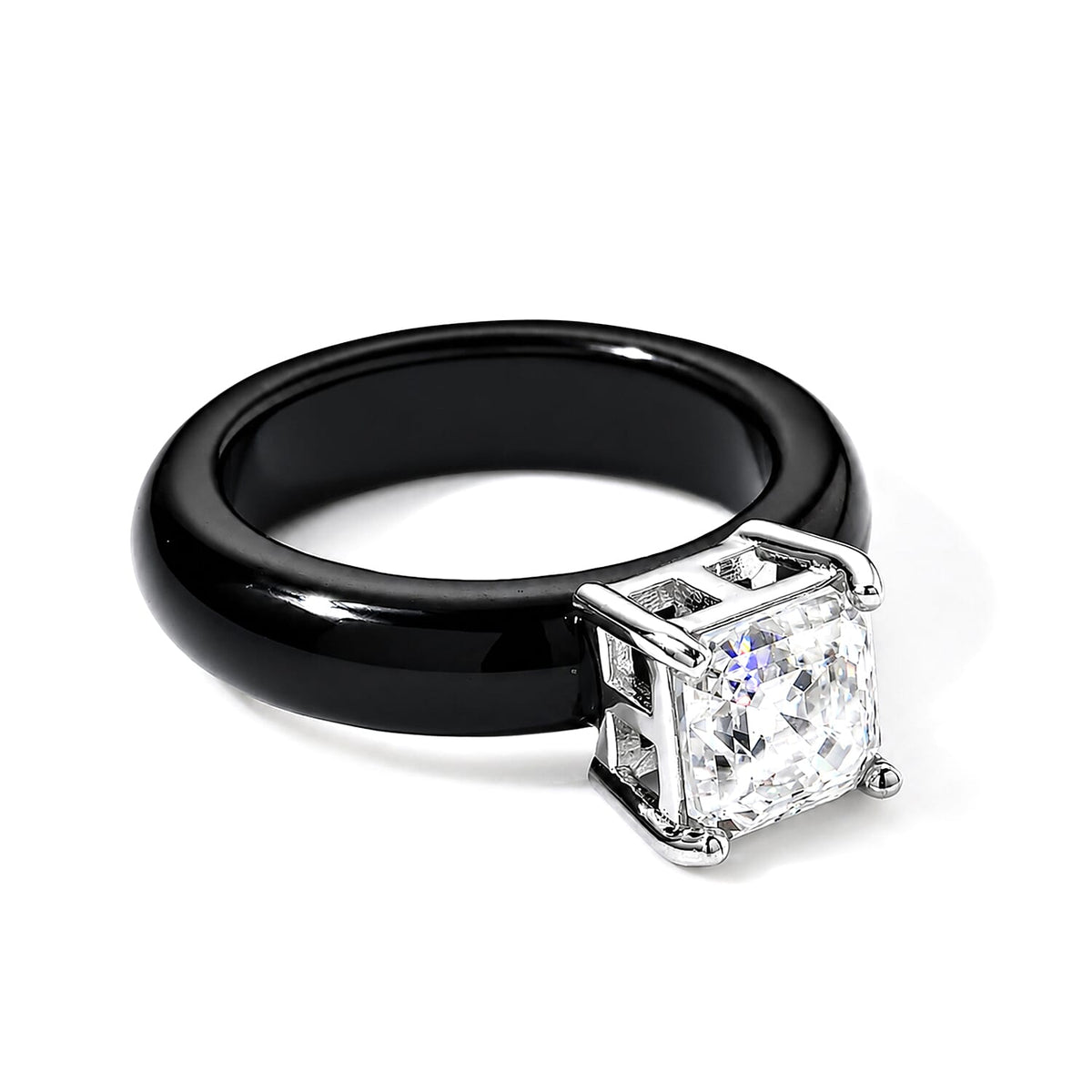 D'Joy Asscher Cut Moissanite (7x7mm), Black Jade Band Solitaire Ring in Rhodium Over Sterling Silver (Size 10.0) 16.35 ctw