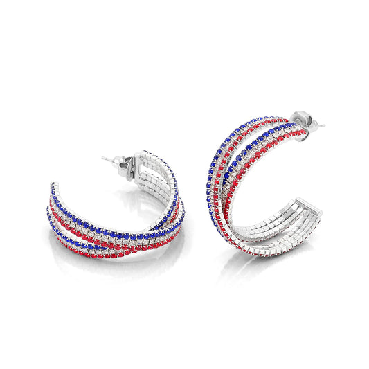 Multi Color Austrian Crystal USA Flag Pattern Earrings in Silvertone 8666204