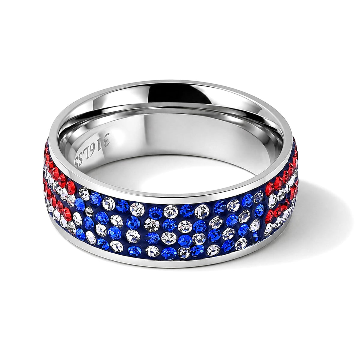 Multi Color Austrian Crystal USA Flag Pattern Ring in Stainless Steel (Size 8.0)