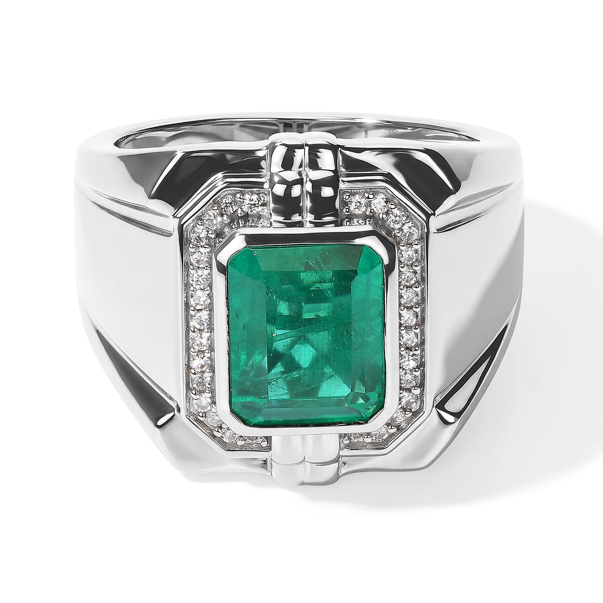 EverTrue Emeraldine Quartz, White Zircon Men''s Ring in Platinum Bond (Size 10.0) 4.65 ctw