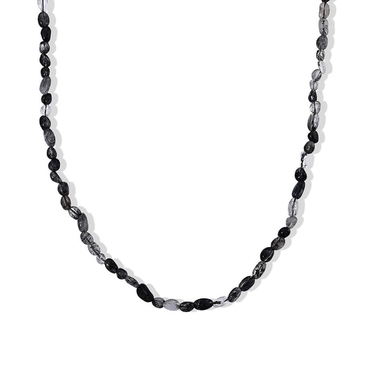 Black Rutilated Quartz 50.00 ctw Cord Beaded Necklace (17-19 Inches) in Stainless Steel