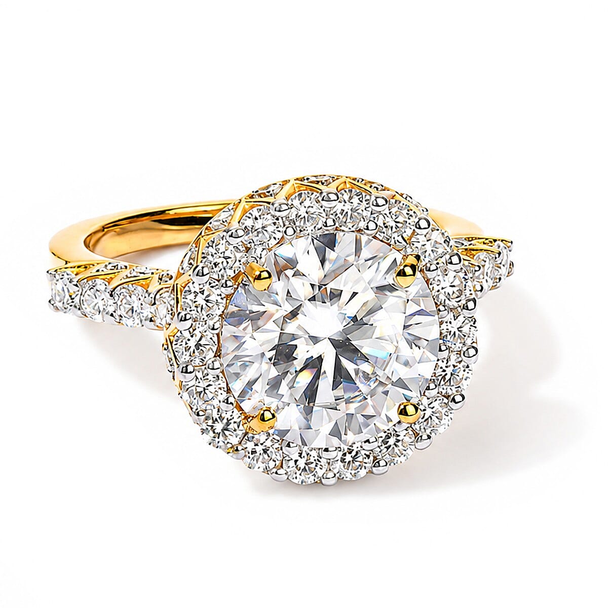 D'Joy Moissanite (Rnd 10mm) Ring in 18K Vermeil YG Over Sterling Silver (Size 6.0) 4.50 ctw