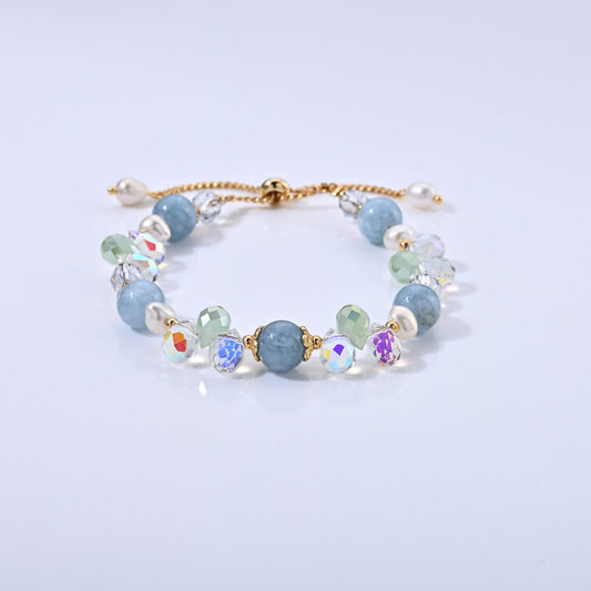 Aquamarine, Freshwater Pearl Bracelet in Goldtone (6.00-9.00In) 15.00 ctw