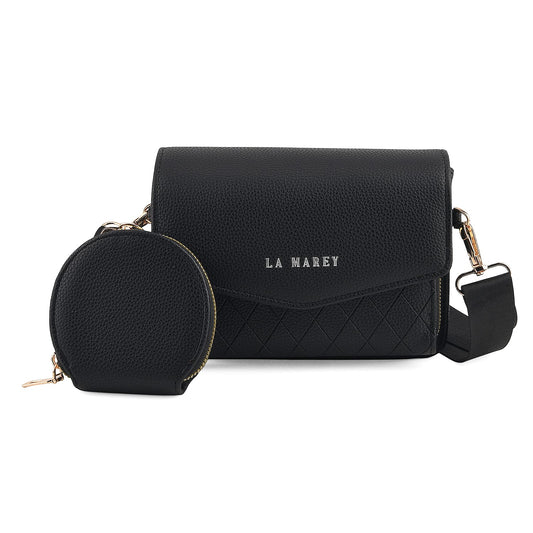 La Marey Black Faux Leather Horizontal Crossbody Bag with RFID Card Wallet
