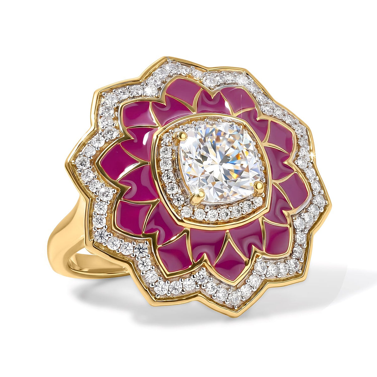 D'Joy Moissanite (Cush 7x7mm) Ring in 18K Vermeil YG Over  Sterling Silver (Size 10.0) 2.30 ctw