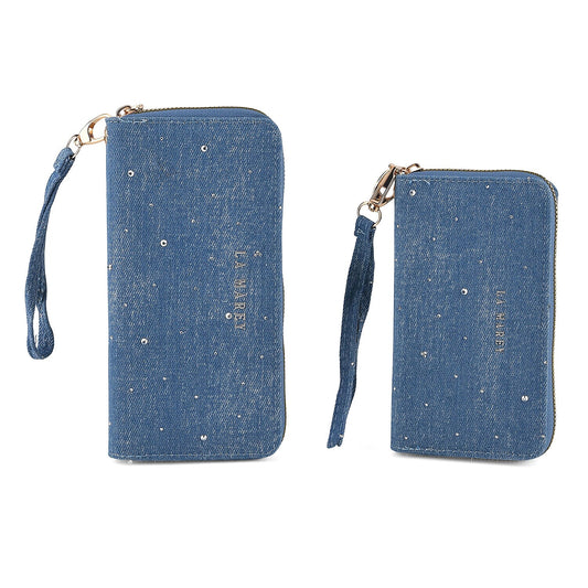 La Marey Blue Set of 2 Denim RFID Wallet with TPU Logo (7.68"x3.94"x1.18", 6.30"x3.54"x0.98")