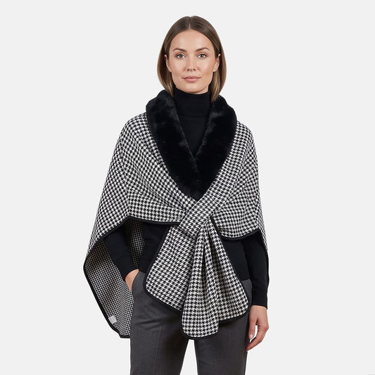 La Marey Black and White Long Fur Poncho Shawl with Buckle Fastening