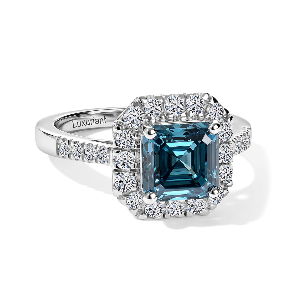 Luxuriant Asscher Cut Lab Grown Blue Diamond (IR), Lab Grown Diamond (VS) Ring in Rhodium Over Sterling Silver (Size 10.0) 2.60 ctw  8673067