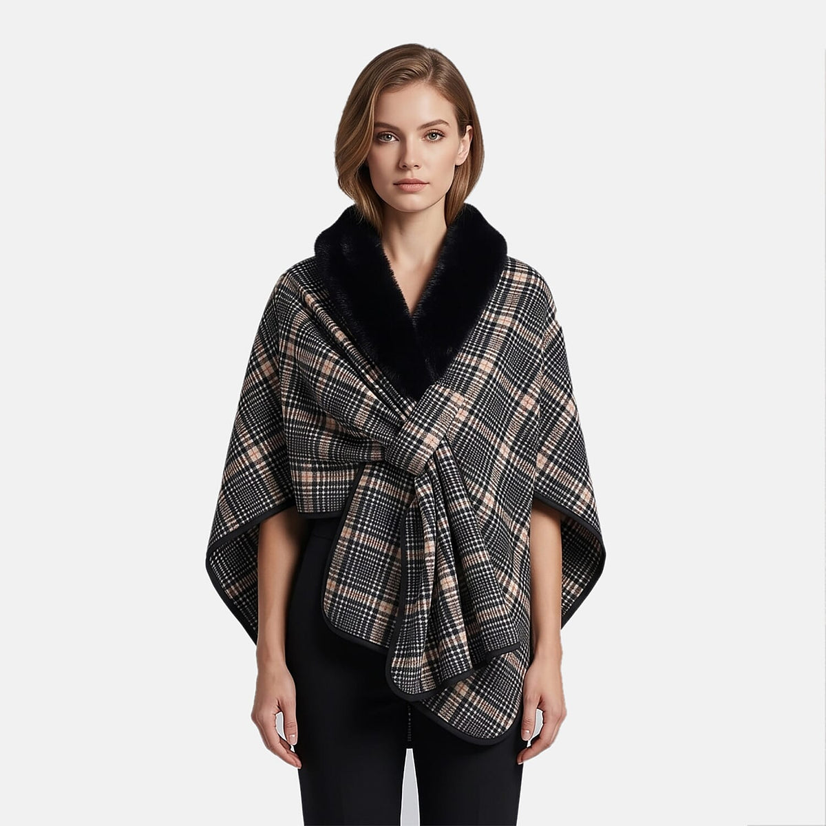 La Marey Black and White Long Fur Poncho Shawl with Buckle Fastening