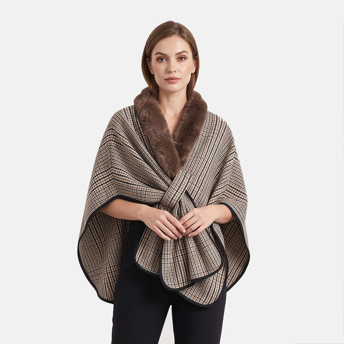 La Marey Black and White Long Fur Poncho Shawl with Buckle Fastening