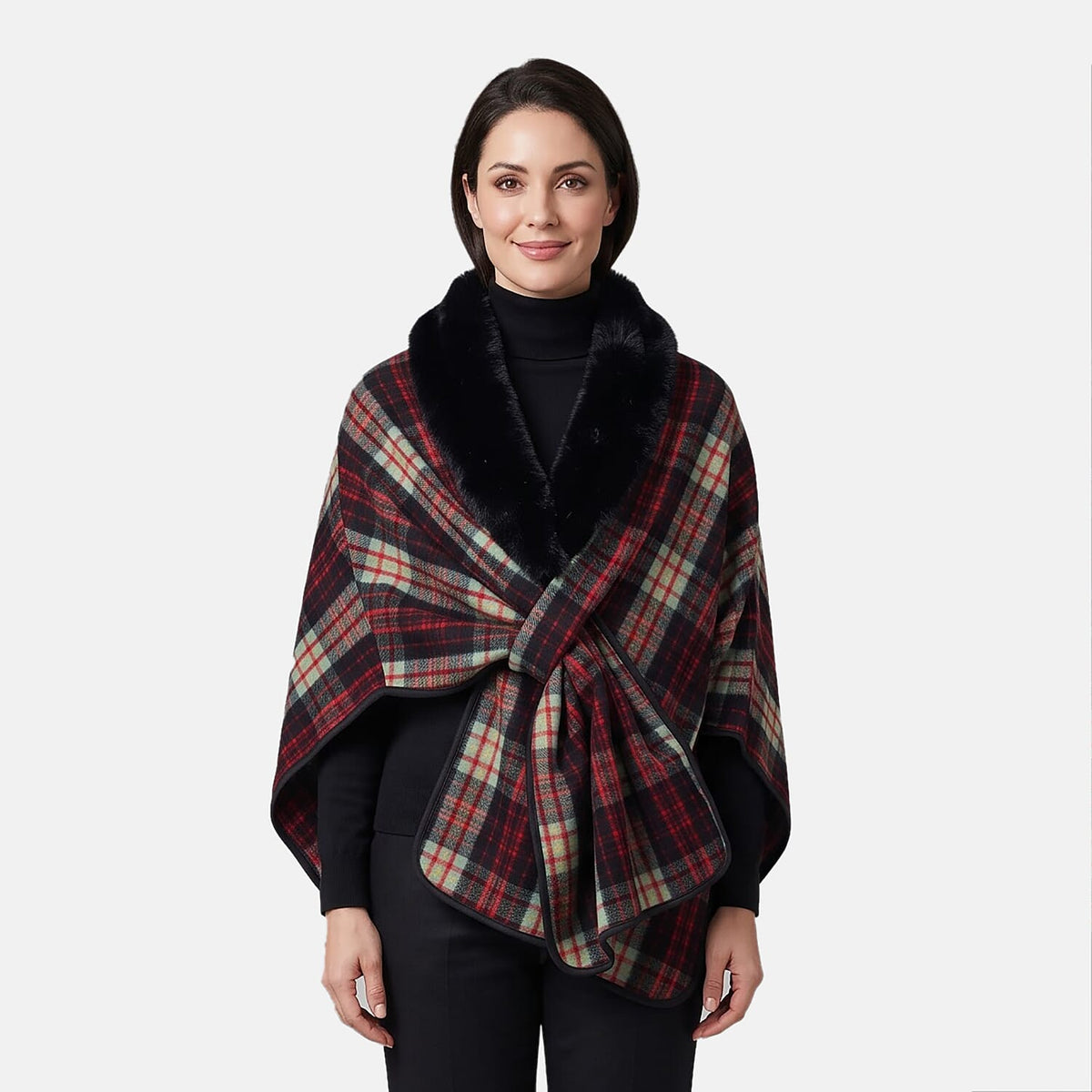 La Marey Black and White Long Fur Poncho Shawl with Buckle Fastening