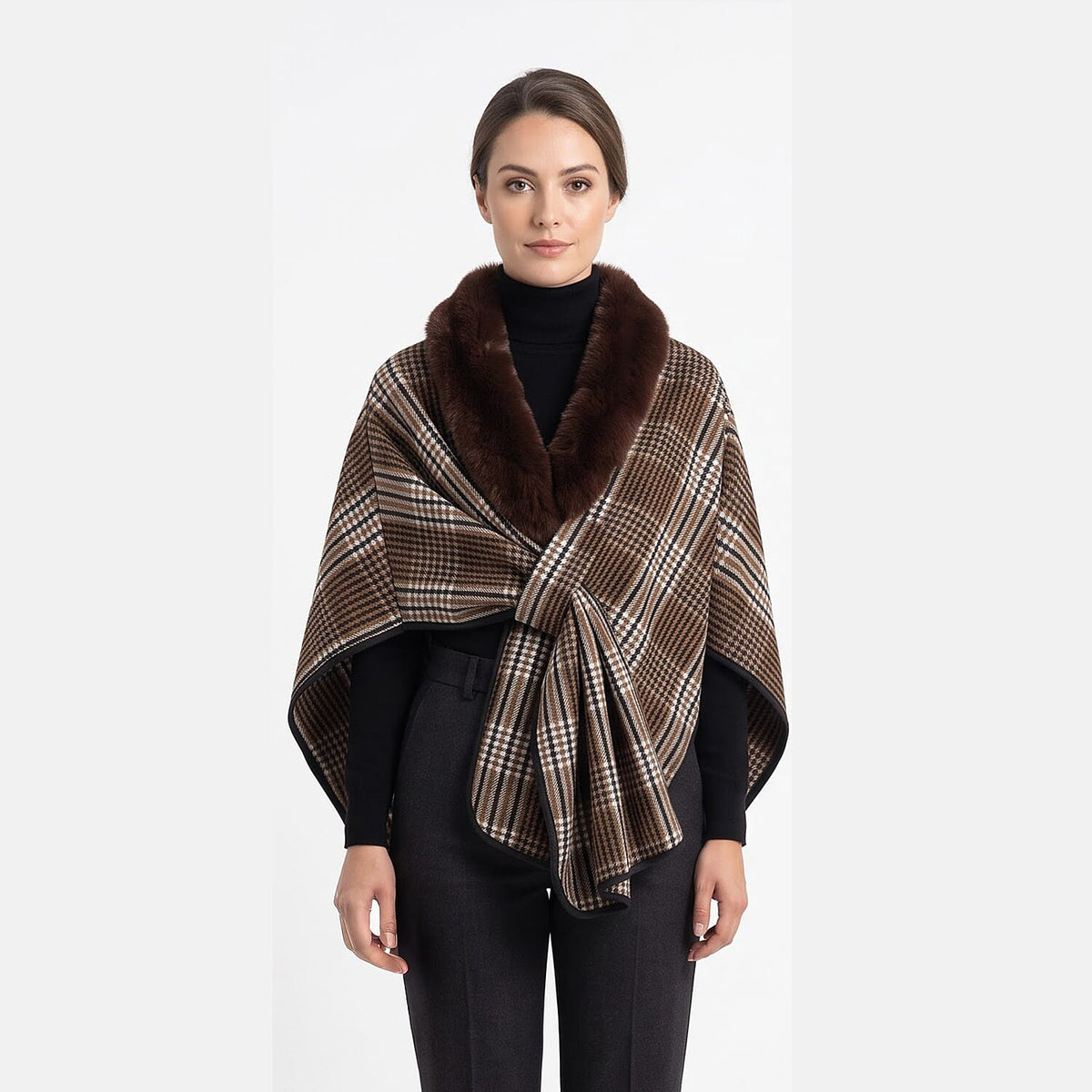 La Marey Black and White Long Fur Poncho Shawl with Buckle Fastening