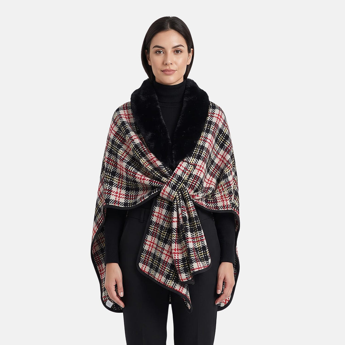 La Marey Black and White Long Fur Poncho Shawl with Buckle Fastening