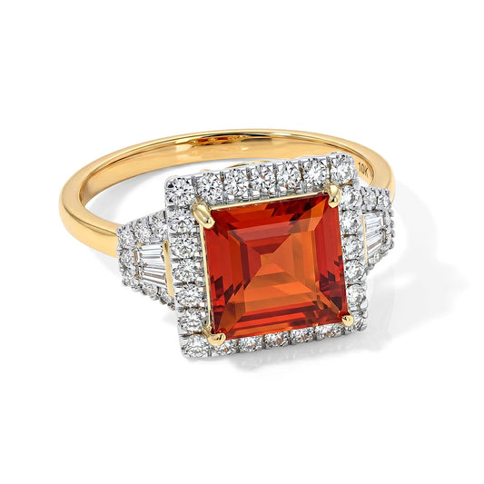 10K Yellow Gold AAA Mexican Cherry Fire Opal, Luxuriant Lab Grown Diamond (G-H, SI) Ring (Size 10.0) 2.07 ctw